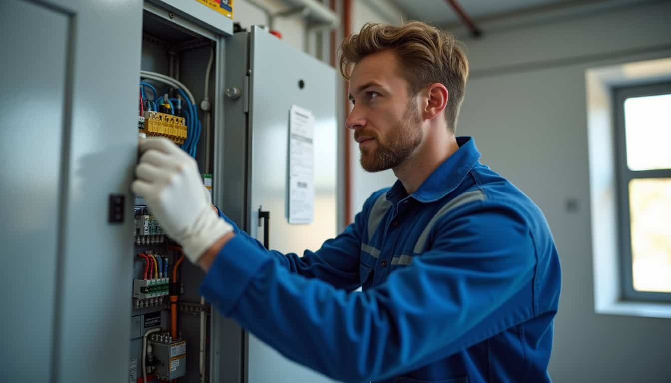 Technicien en tenue de travail vérifie un tableau électrique avant installation d