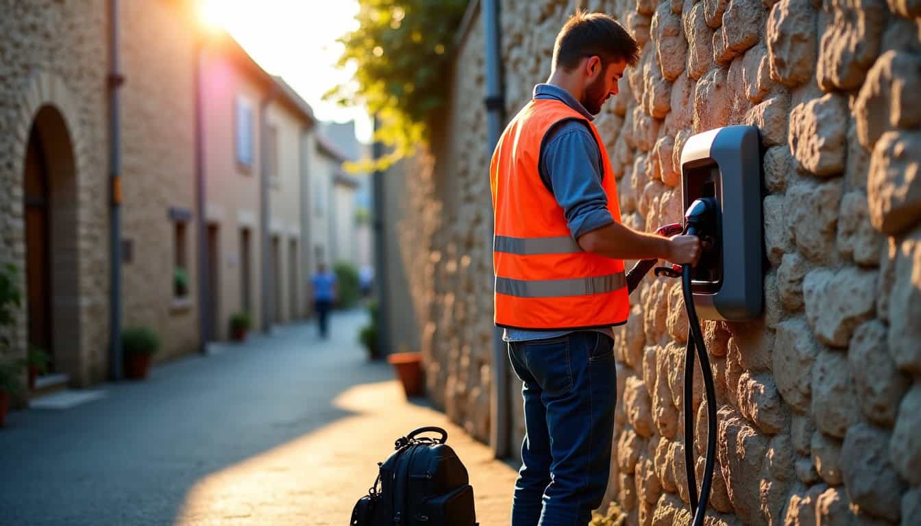 Technicien en train de contrôler une borne de recharge à Bourg-Saint-Christophe