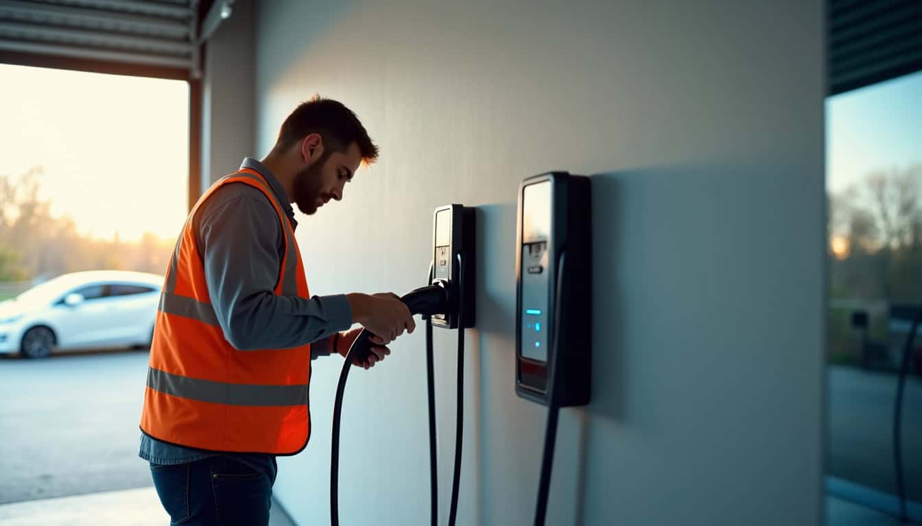 Technicien en train de fixer une borne de recharge murale