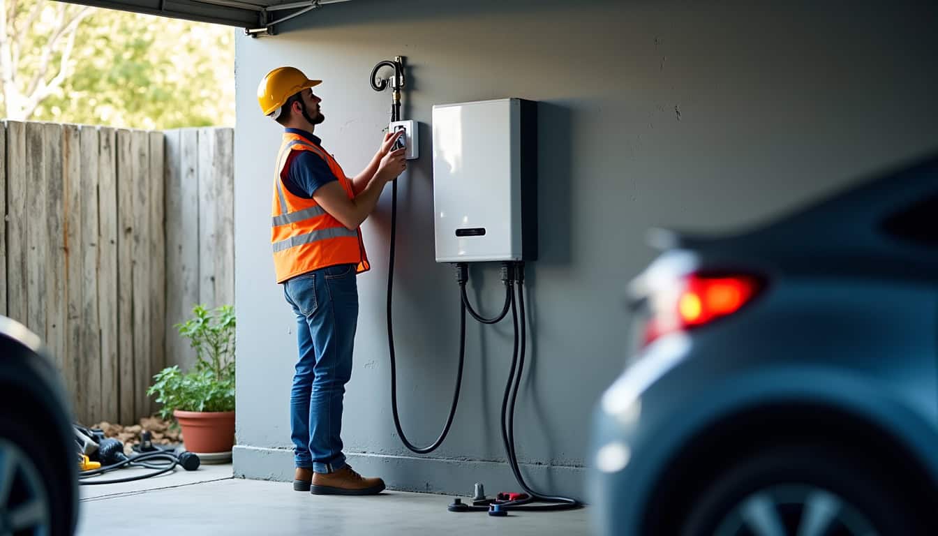 Technicien en train de fixer une borne de recharge sur un mur à Lyaud