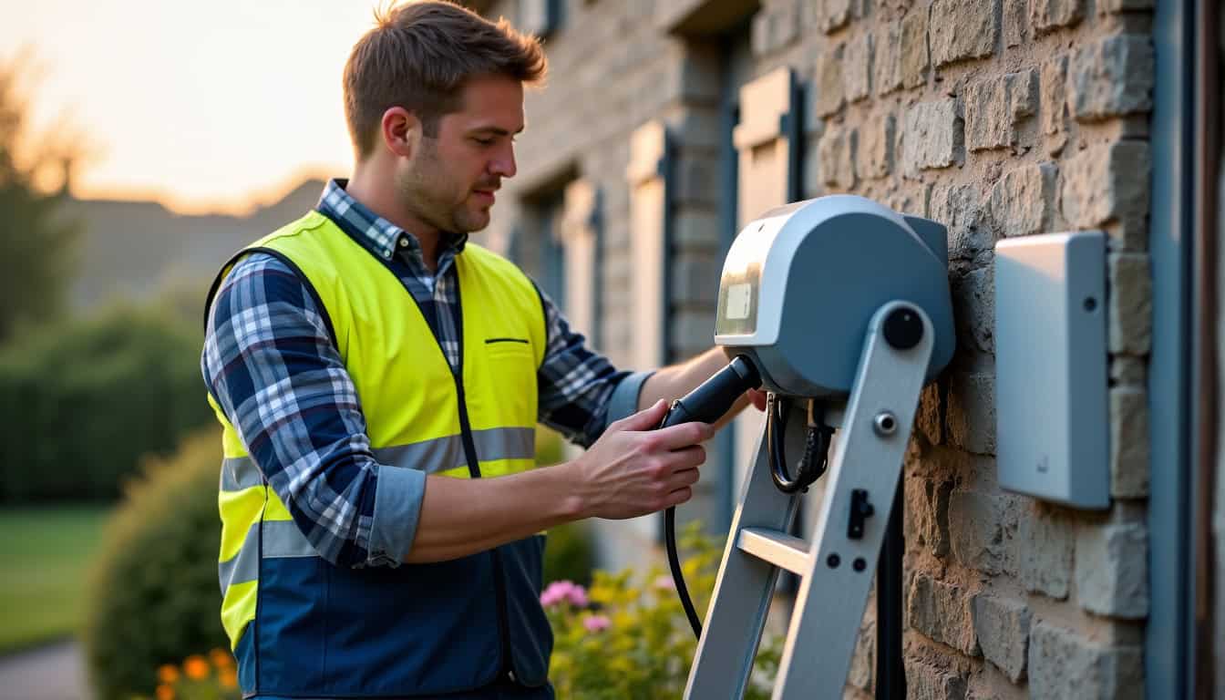 Technicien en train de poser une borne de recharge électrique sur une façade de maison à Saint-Vincent-sur-Oust