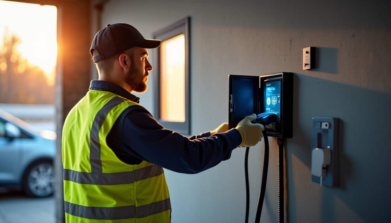 Technicien en train de poser une borne de recharge murale à Clohars-Carnoët