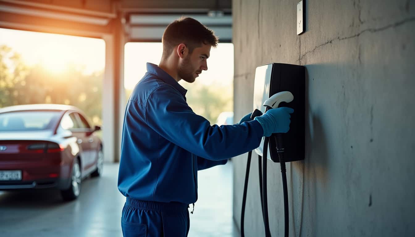 Technicien en train de poser une borne de recharge murale