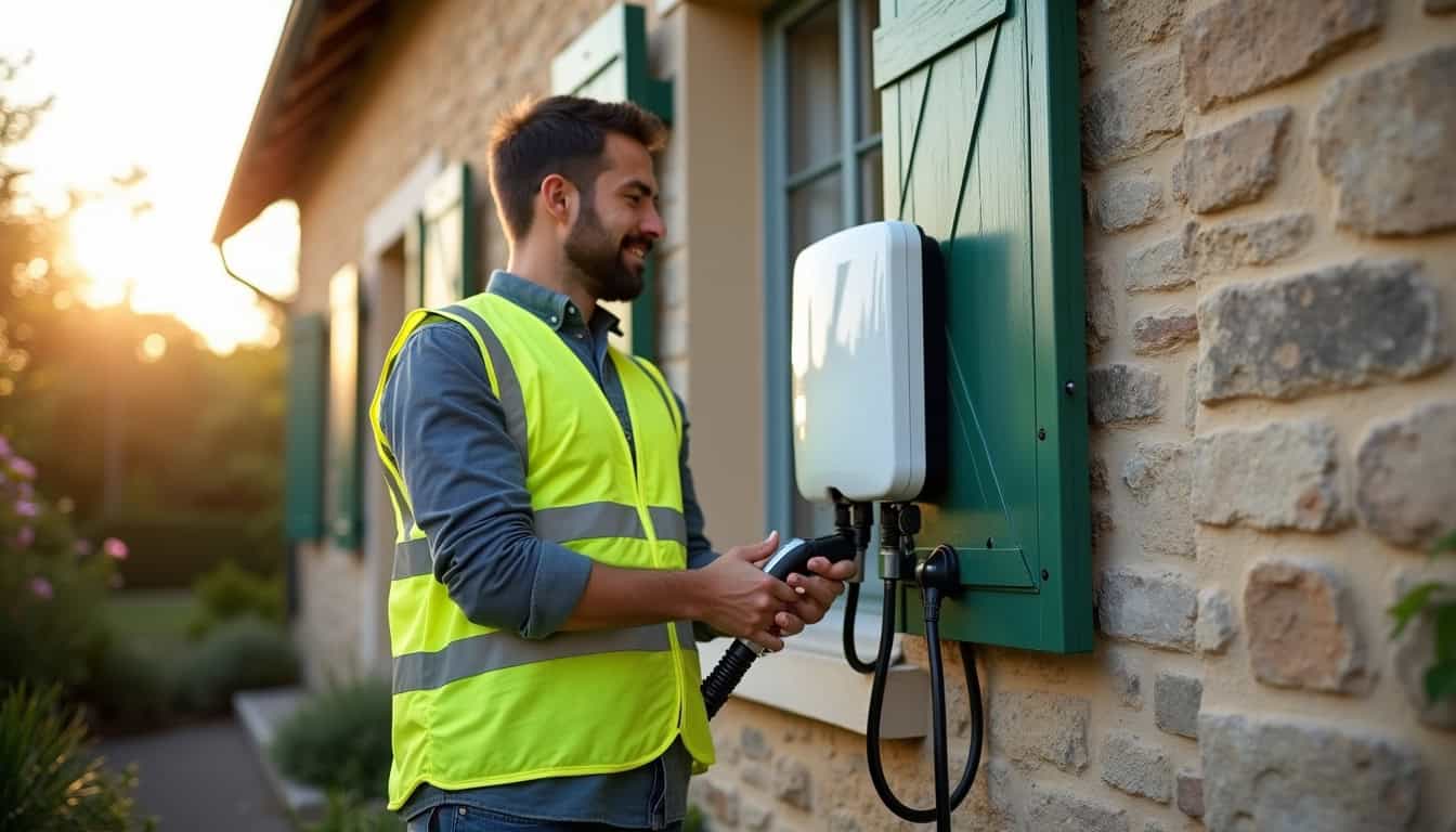 Technicien en train de poser une borne de recharge pour véhicule électrique dans une maison à Saint-Denis-de-Cabanne