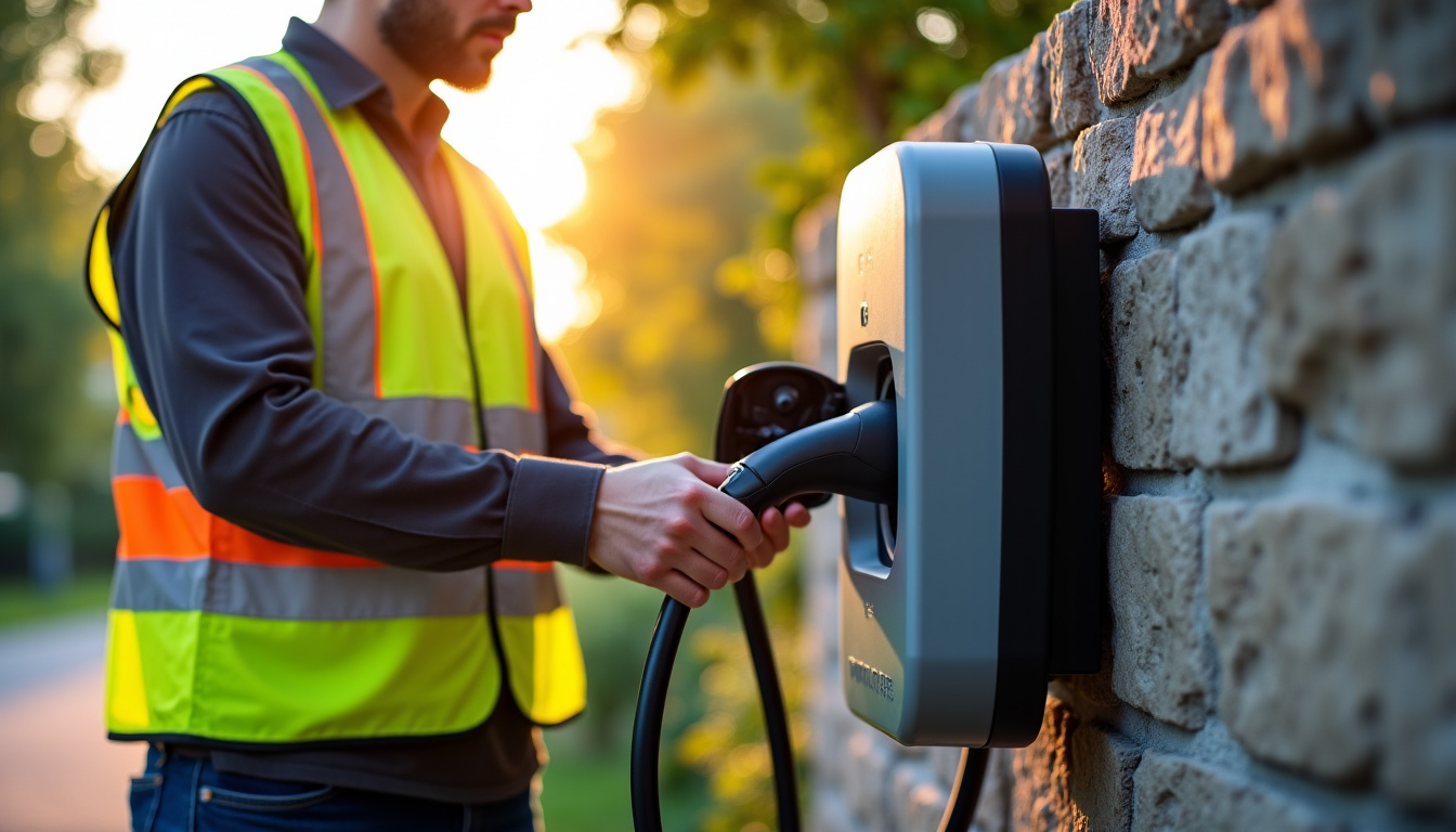 Technicien en train de procéder à la mise en service de la borne de recharge à Pressins