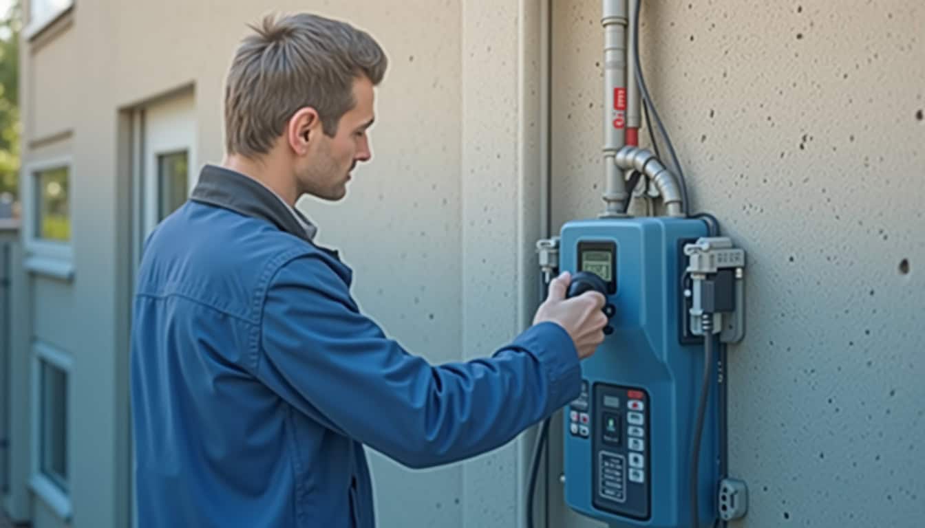 Technicien en train de procéder à un entretien régulier sur une borne de recharge murale à Saint-Révérend, avec des outils de diagnostic.