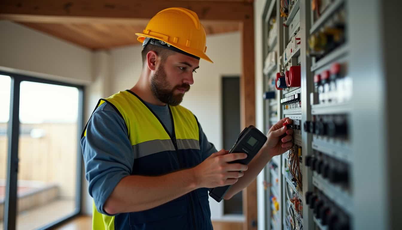 Technicien en train de réaliser un audit électrique avant installation d