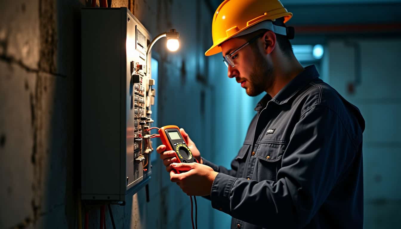 Technicien en train de réaliser un diagnostic électrique dans un garage à Lyaud