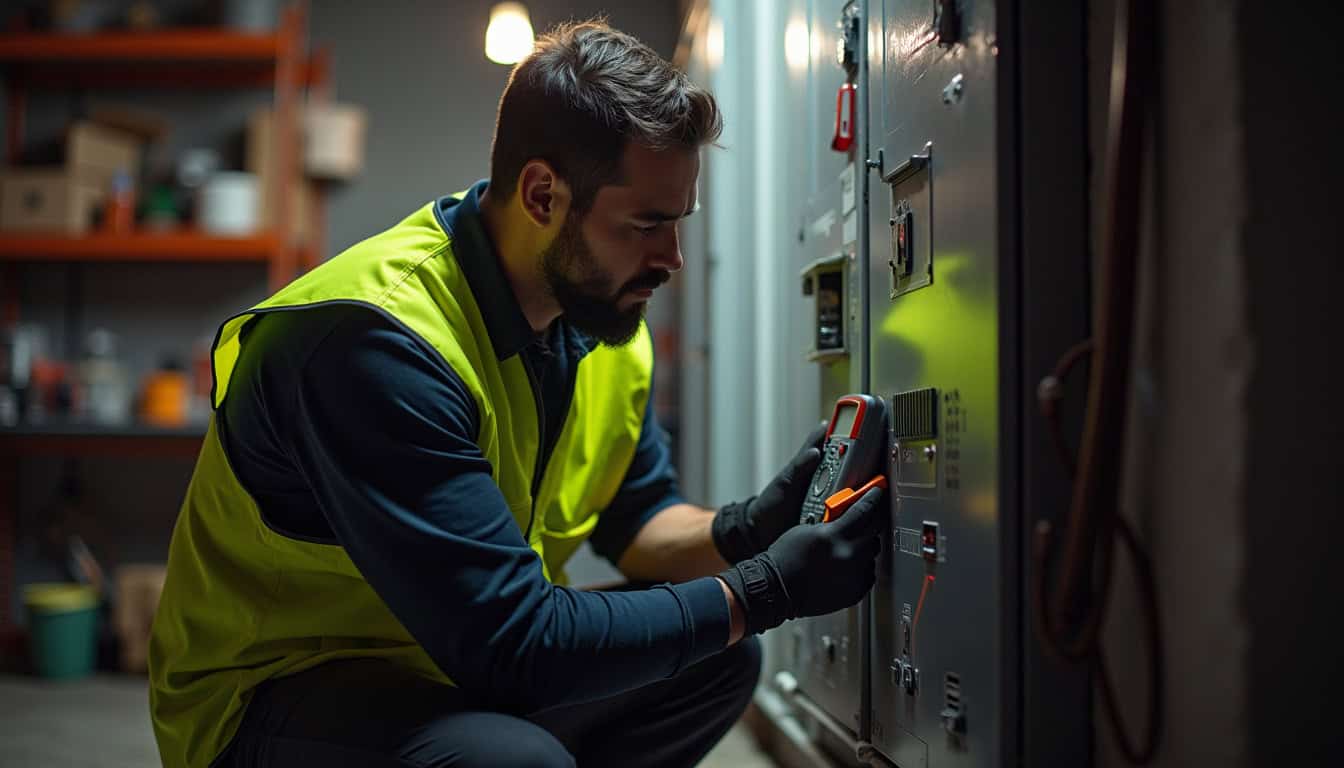 Technicien en train de réaliser un diagnostic électrique dans un garage à Uxegney