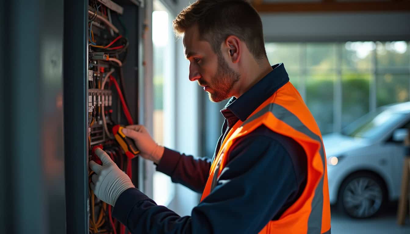 Technicien en train de réaliser un diagnostic électrique préalable sur le tableau électrique d