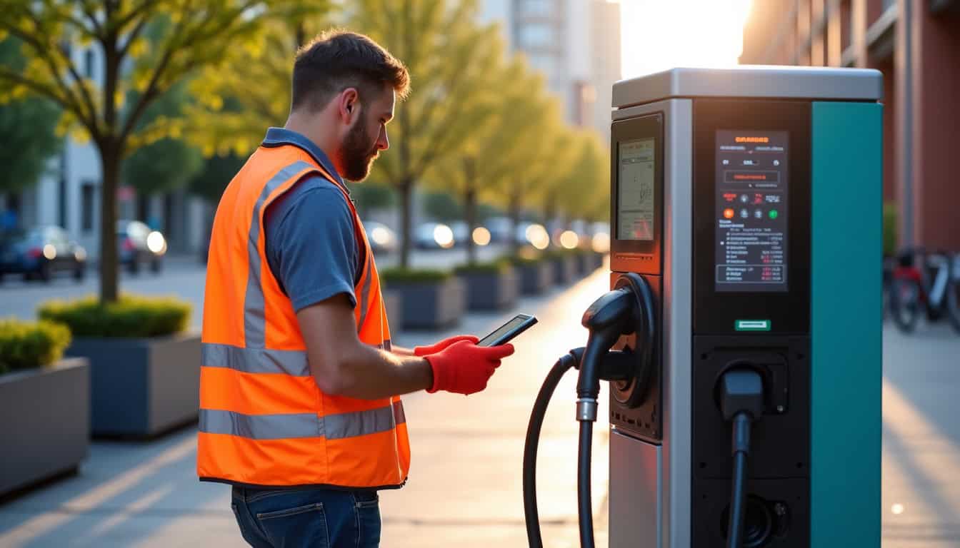 Technicien en train de tester une borne de recharge après installation à Trept