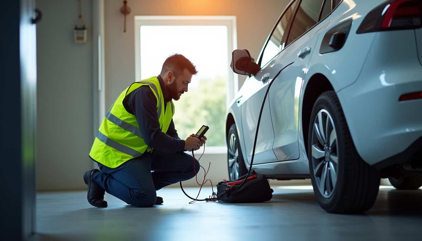 Technicien en train de tester une borne de recharge nouvellement installée dans un garage à Montastruc-la-Conseillère