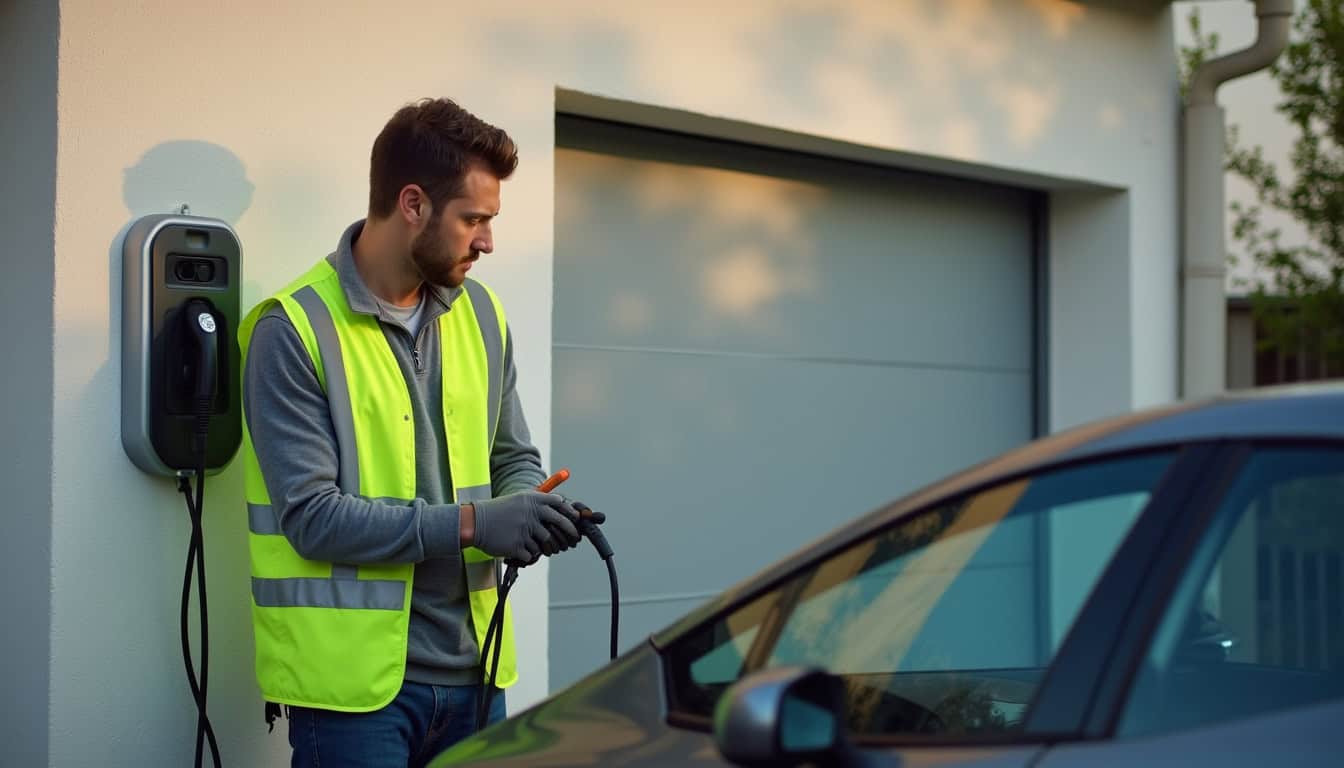 Technicien en train de tester une borne électrique murale fraîchement installée à Maisnil-lès-Ruitz, avec un véhicule électrique branché