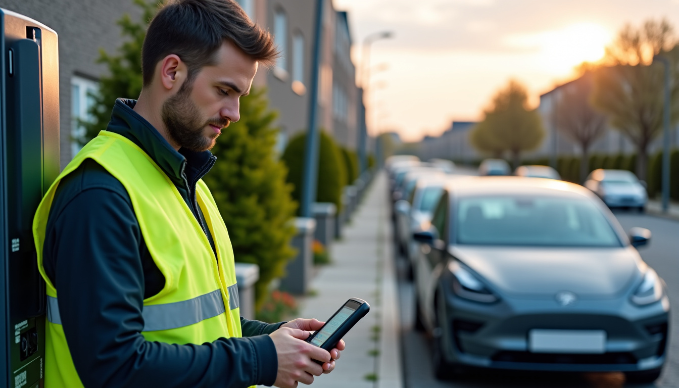 Technicien en train de tester une borne électrique nouvellement installée à Saint-Jean-de-Boiseau