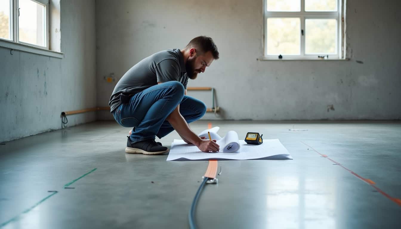 Technicien en train de tracer le parcours de câblage pour une borne de recharge