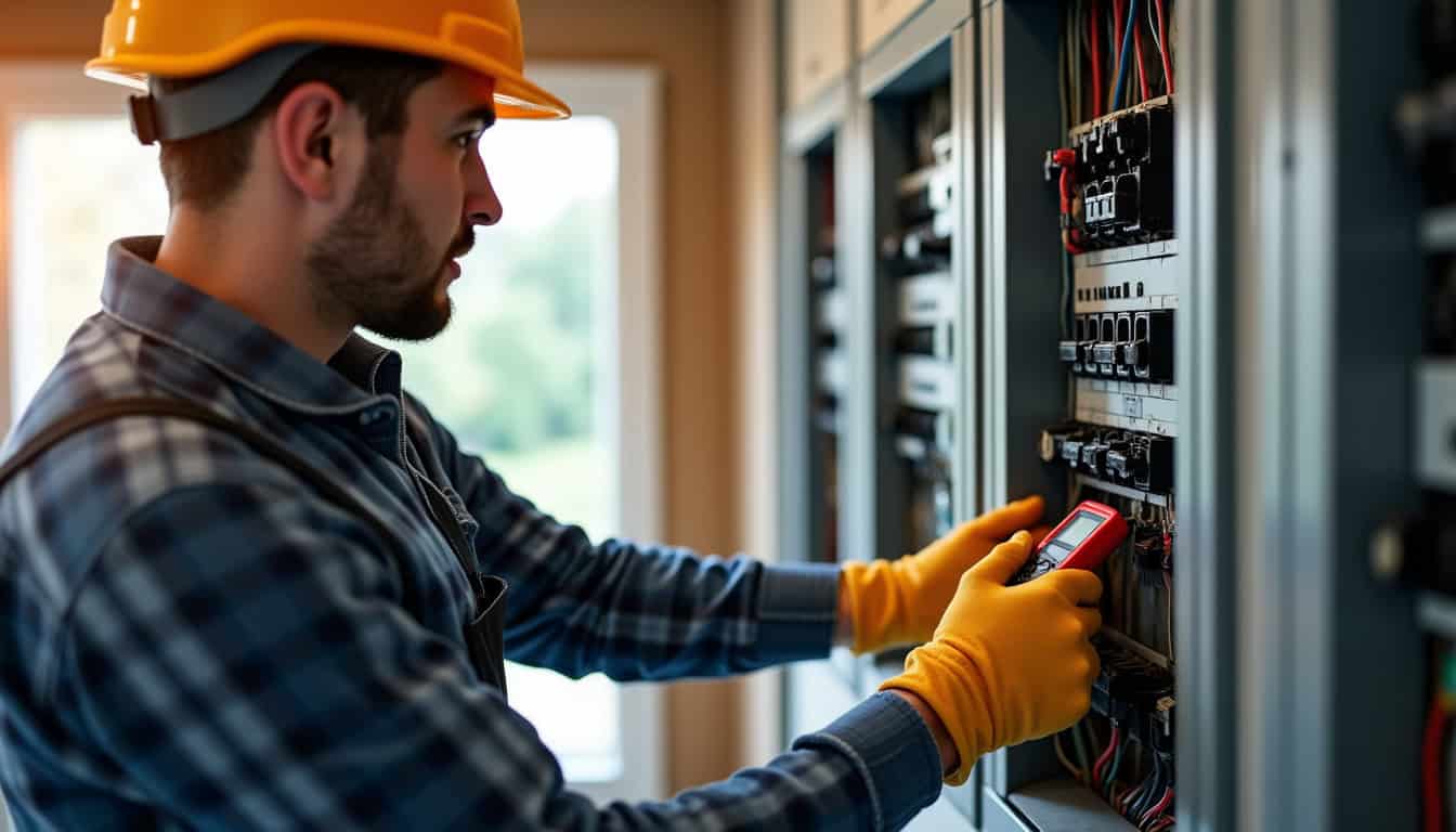 Technicien en train de vérifier le tableau électrique avant installation d