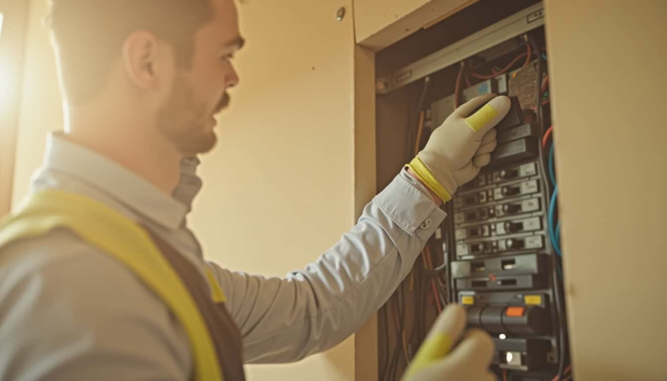 Technicien en train de vérifier le tableau électrique dans une maison à Locmariaquer