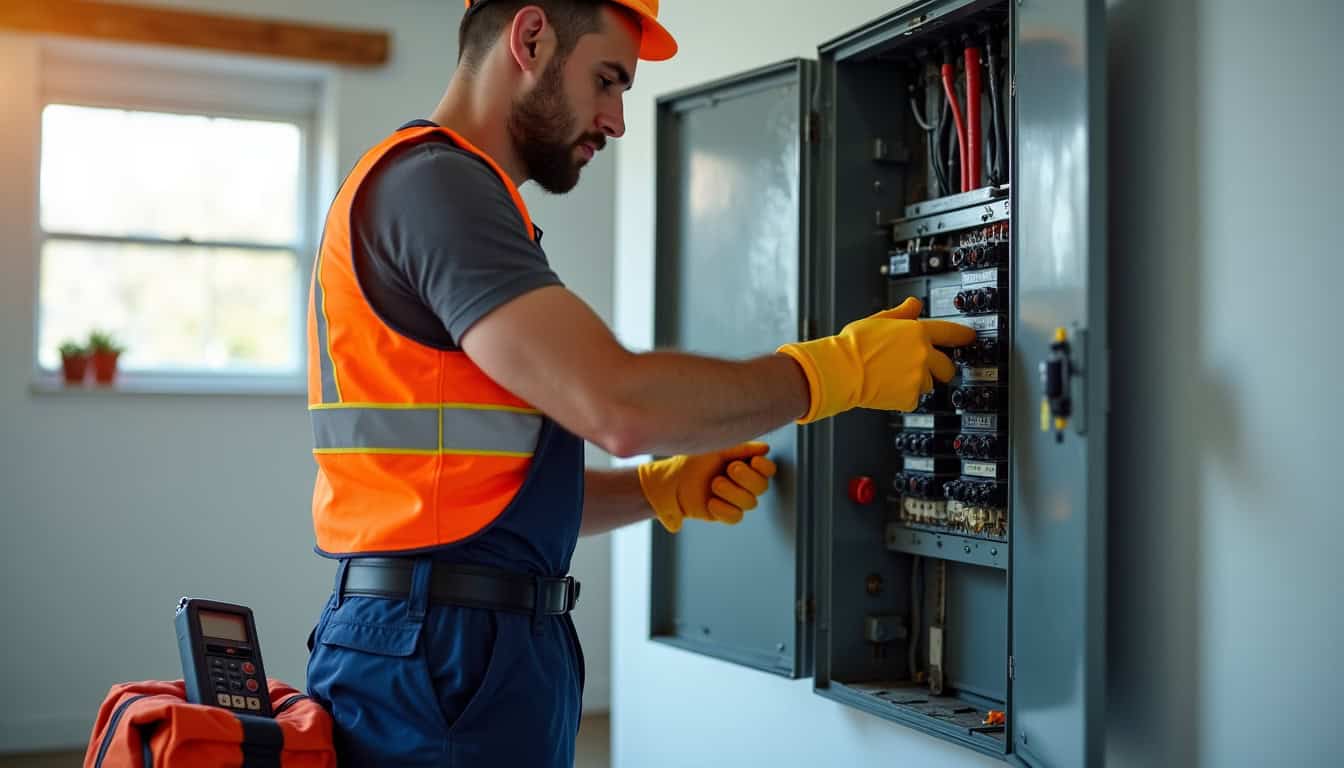 Technicien en train de vérifier le tableau électrique lors d