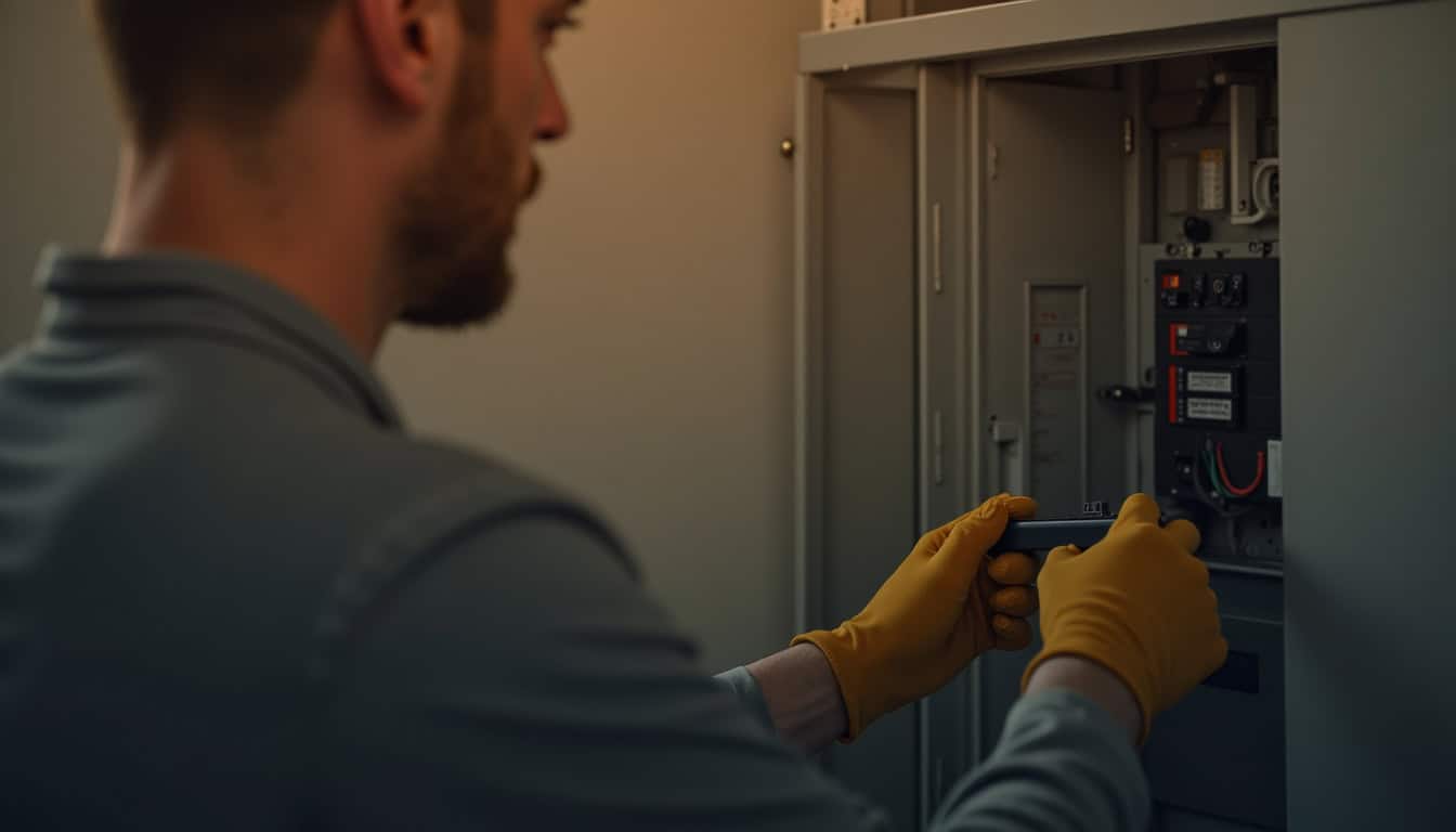 Technicien en train de vérifier le tableau électrique lors d
