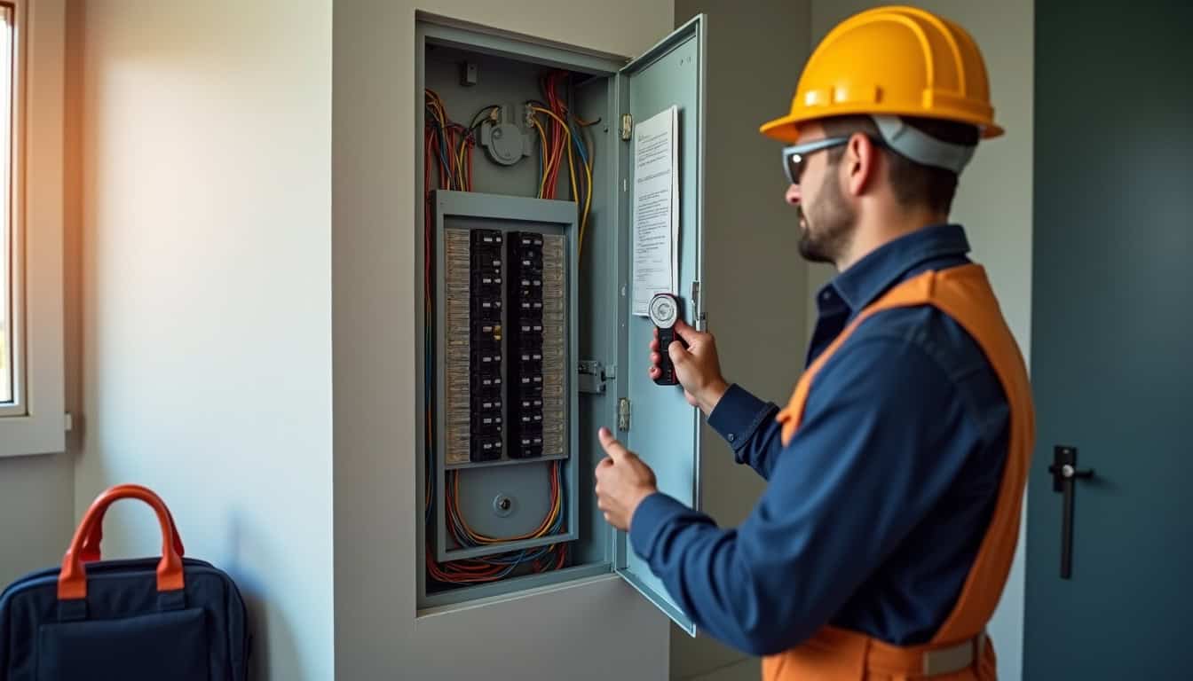 Technicien en train de vérifier un tableau électrique avant installation d