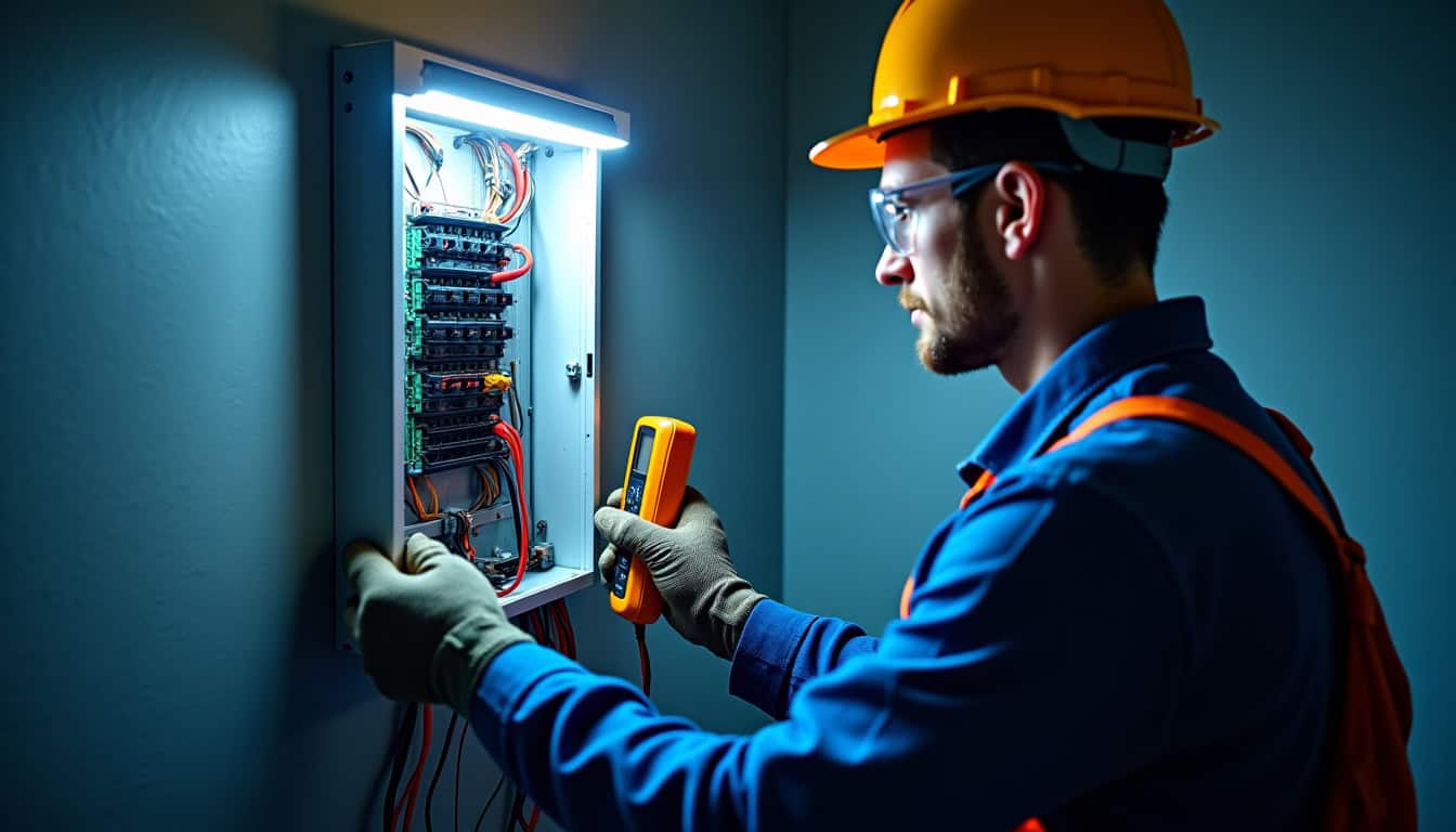 Technicien en train de vérifier un tableau électrique avant installation d