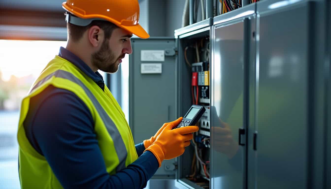 Technicien en train de vérifier un tableau électrique avant installation d