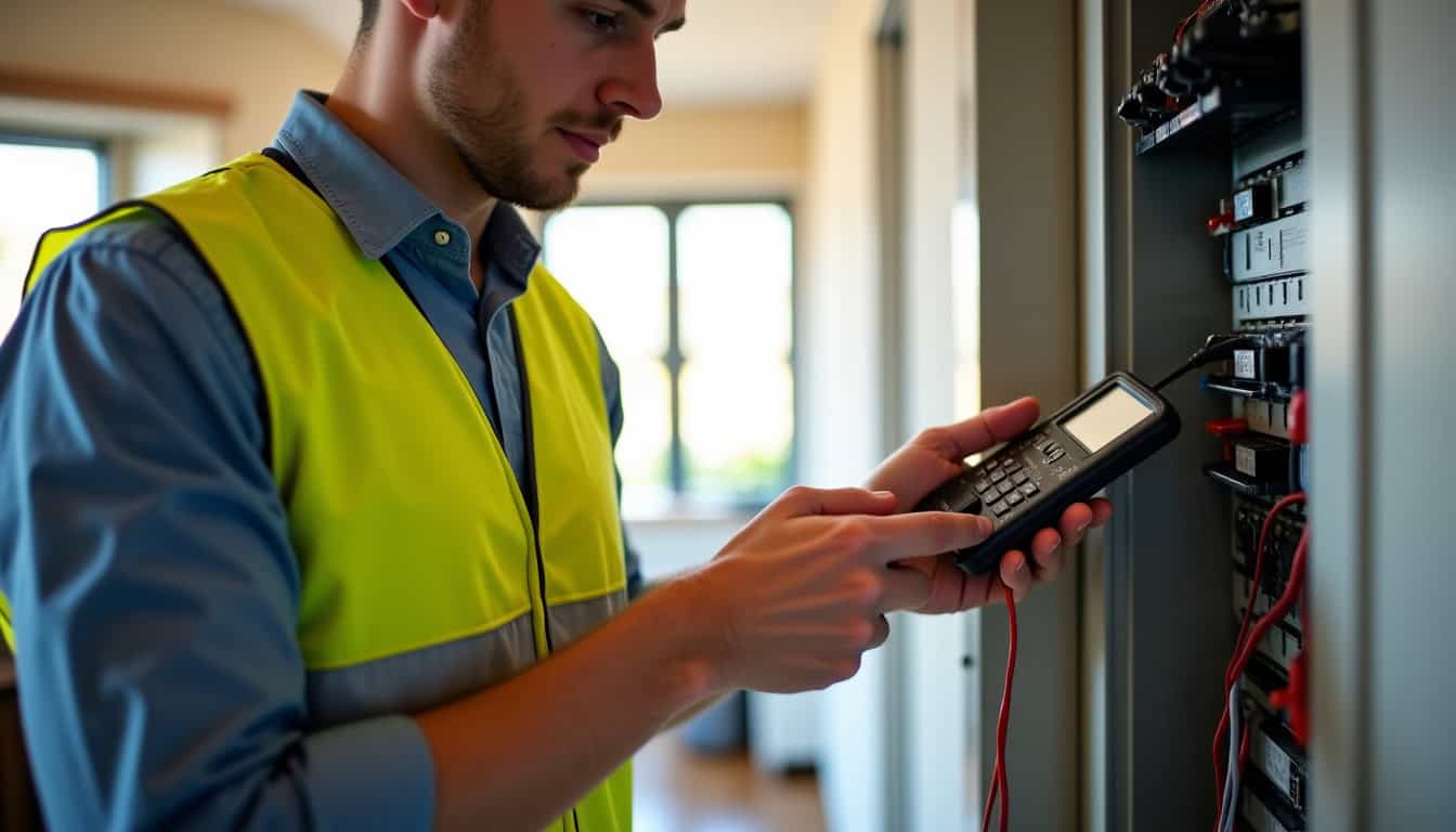 Technicien en train de vérifier un tableau électrique avant installation d
