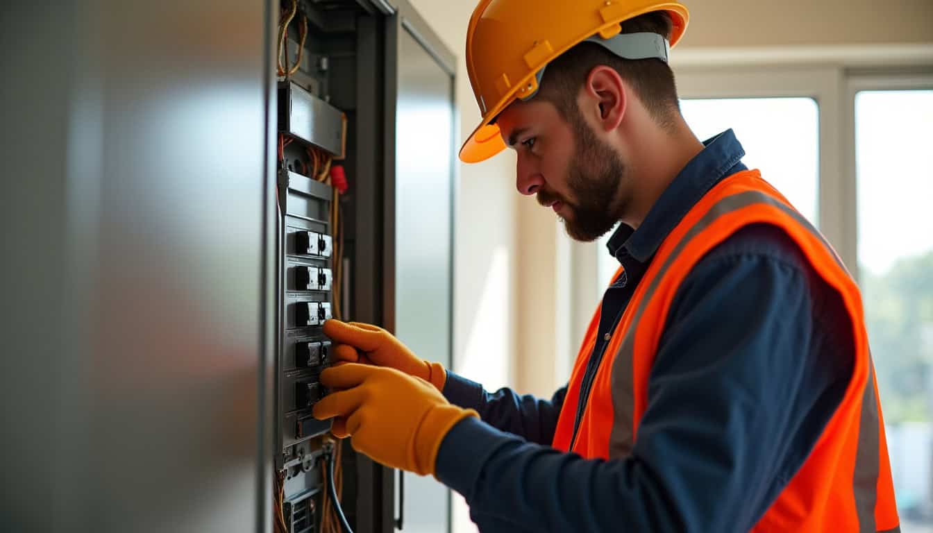 Technicien en train de vérifier un tableau électrique avant installation de borne