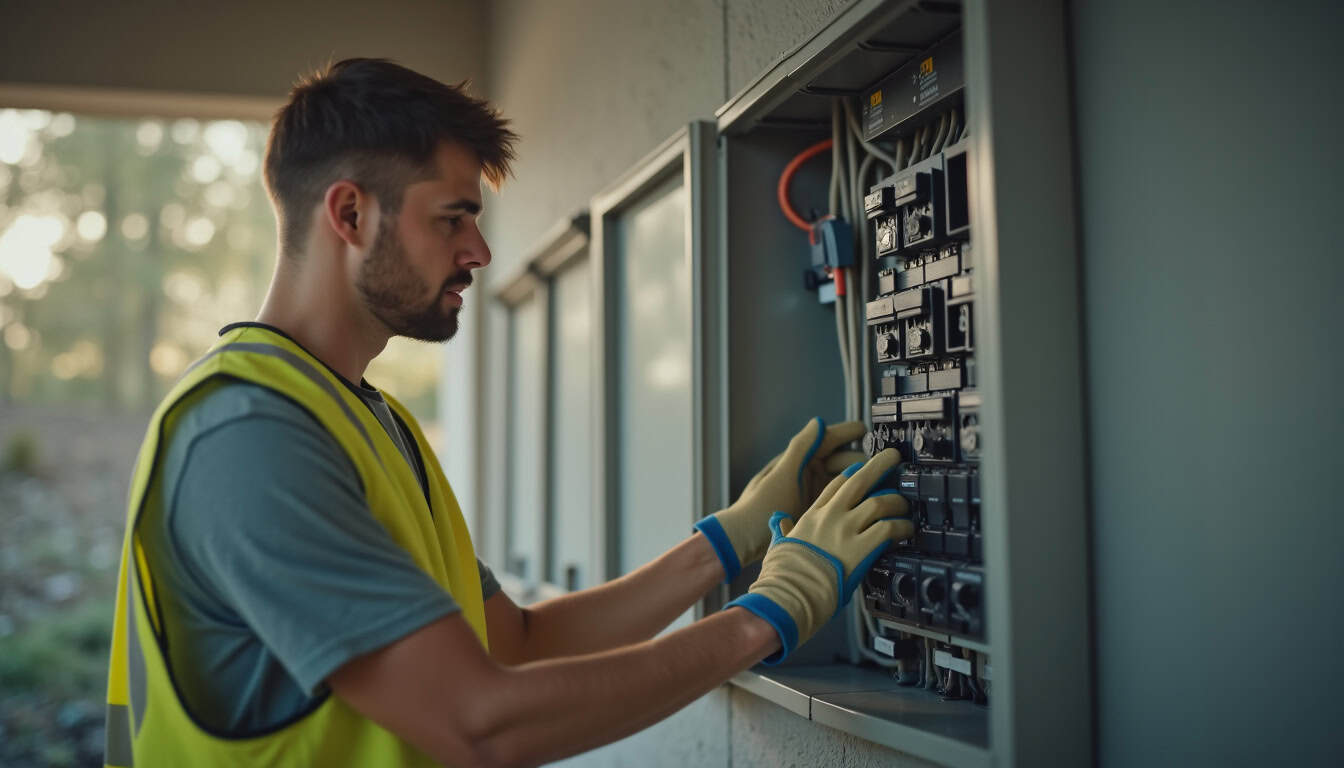 Technicien en train de vérifier un tableau électrique avant installation d’une borne