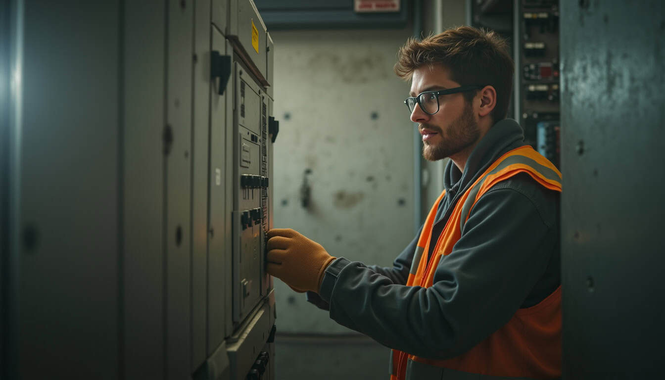 Technicien en train de vérifier un tableau électrique dans un garage à Brenthonne