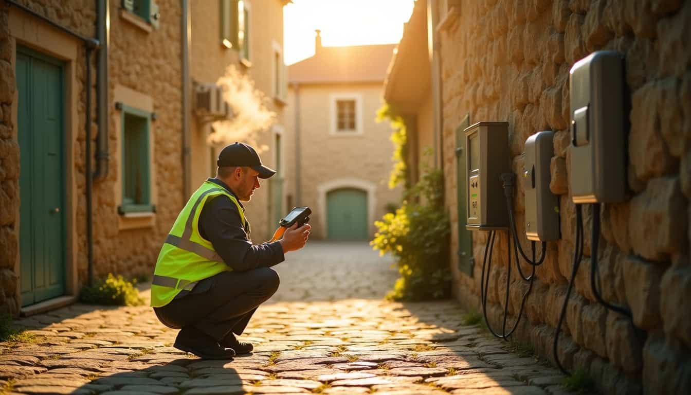 Technicien en train de vérifier une borne de recharge à Moutiers-les-Mauxfaits