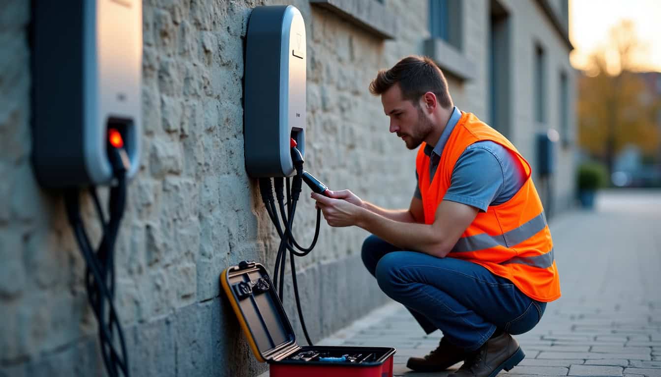 Technicien en train de vérifier une borne de recharge à Orléans