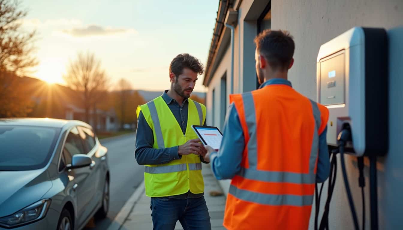 Technicien en train de vérifier une borne de recharge après installation à Veigné