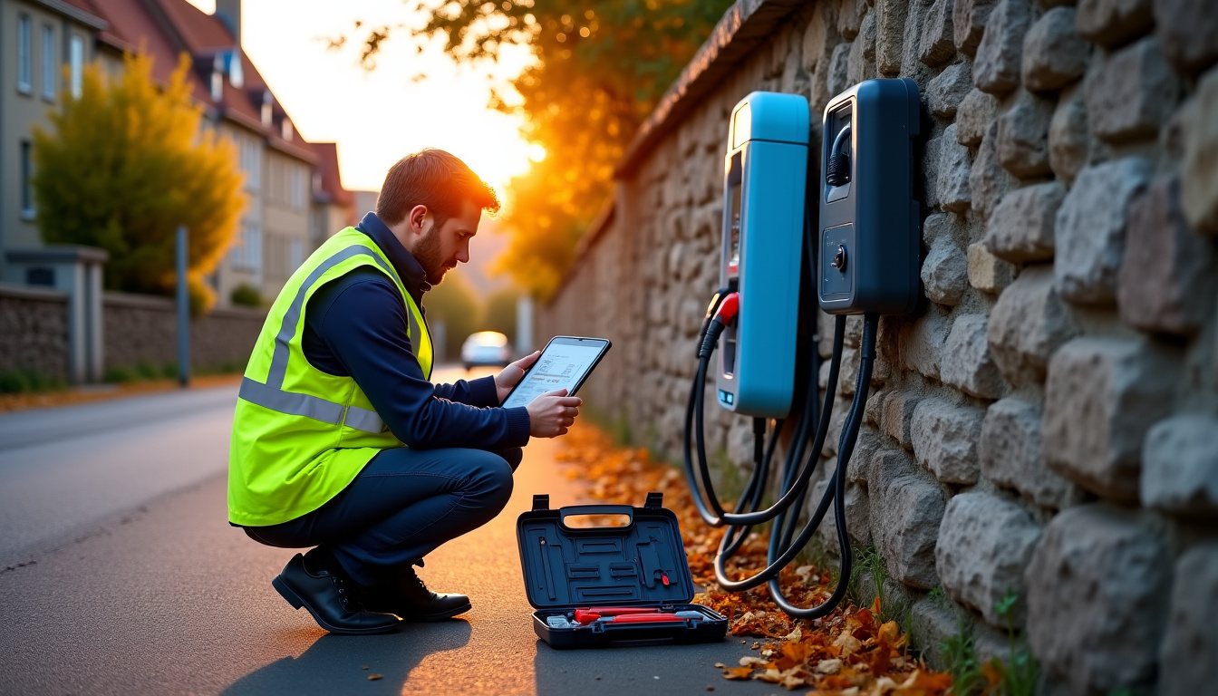 Technicien en train de vérifier une borne de recharge électrique à Montgivray