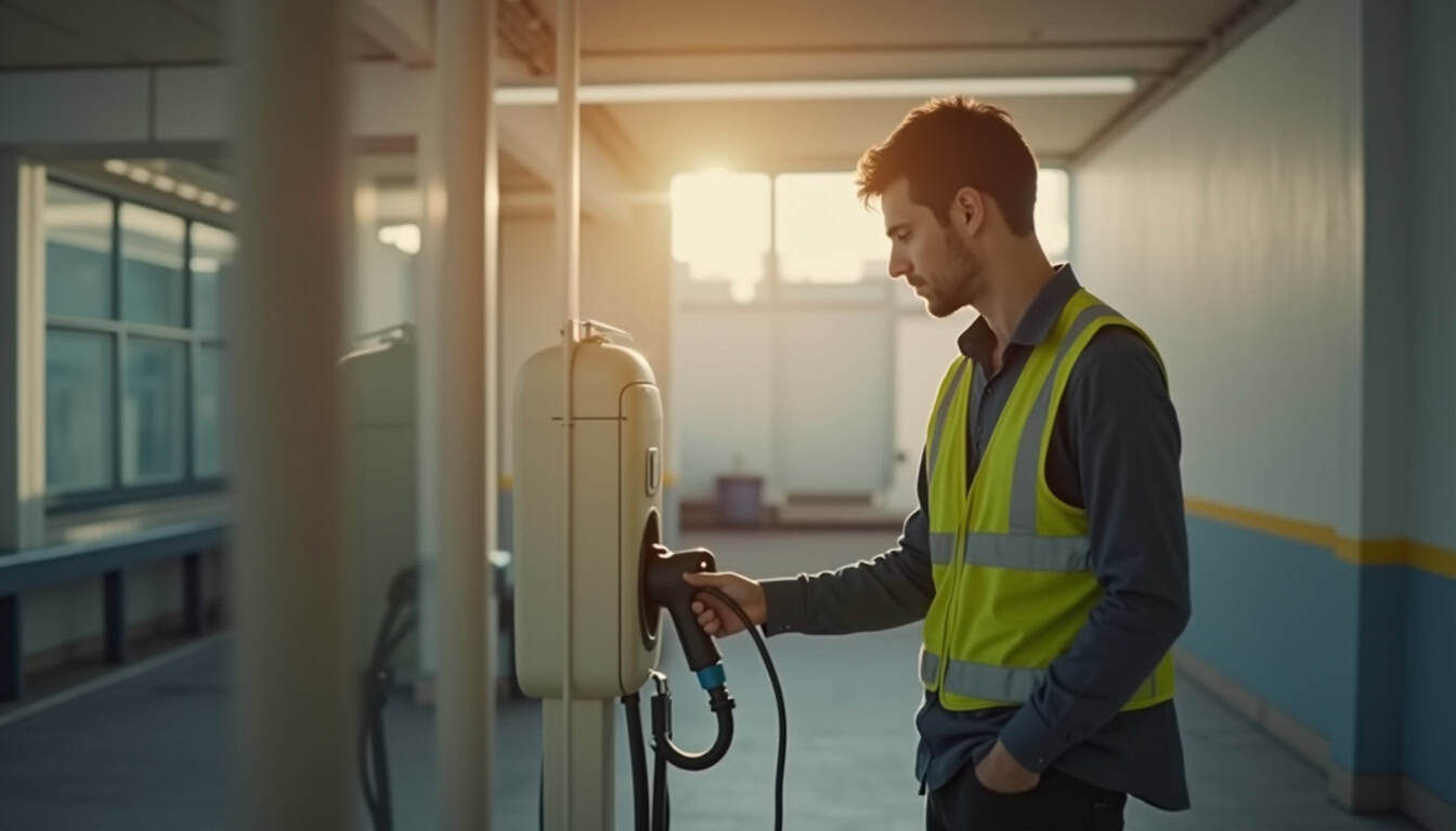 Technicien en train de vérifier une borne de recharge électrique dans un garage à Charquemont