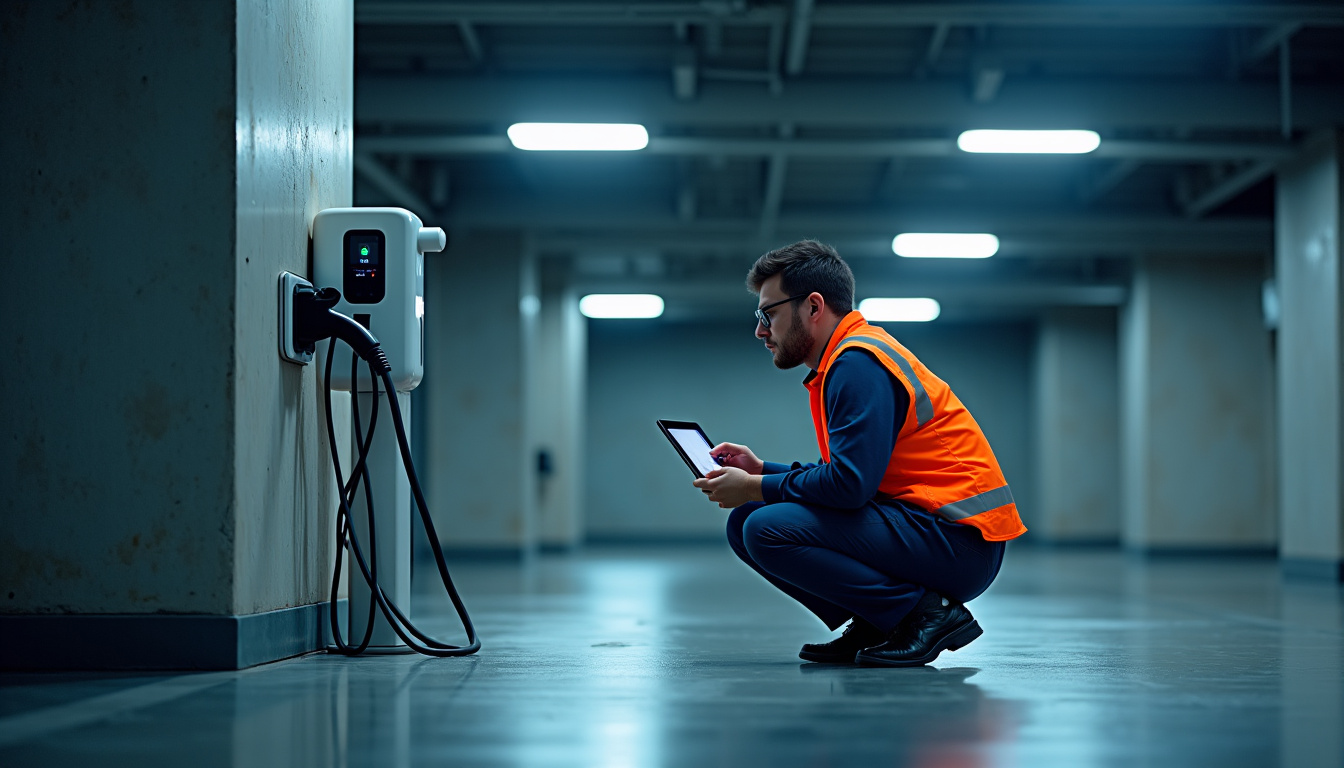 Technicien en train de vérifier une borne de recharge électrique dans un parking en Eure