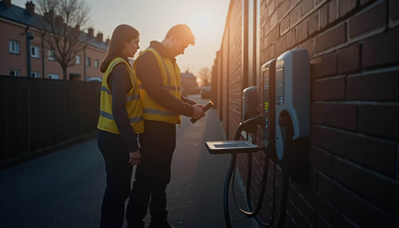 Technicien en train de vérifier une borne de recharge électrique en extérieur, avec un outil de diagnostic