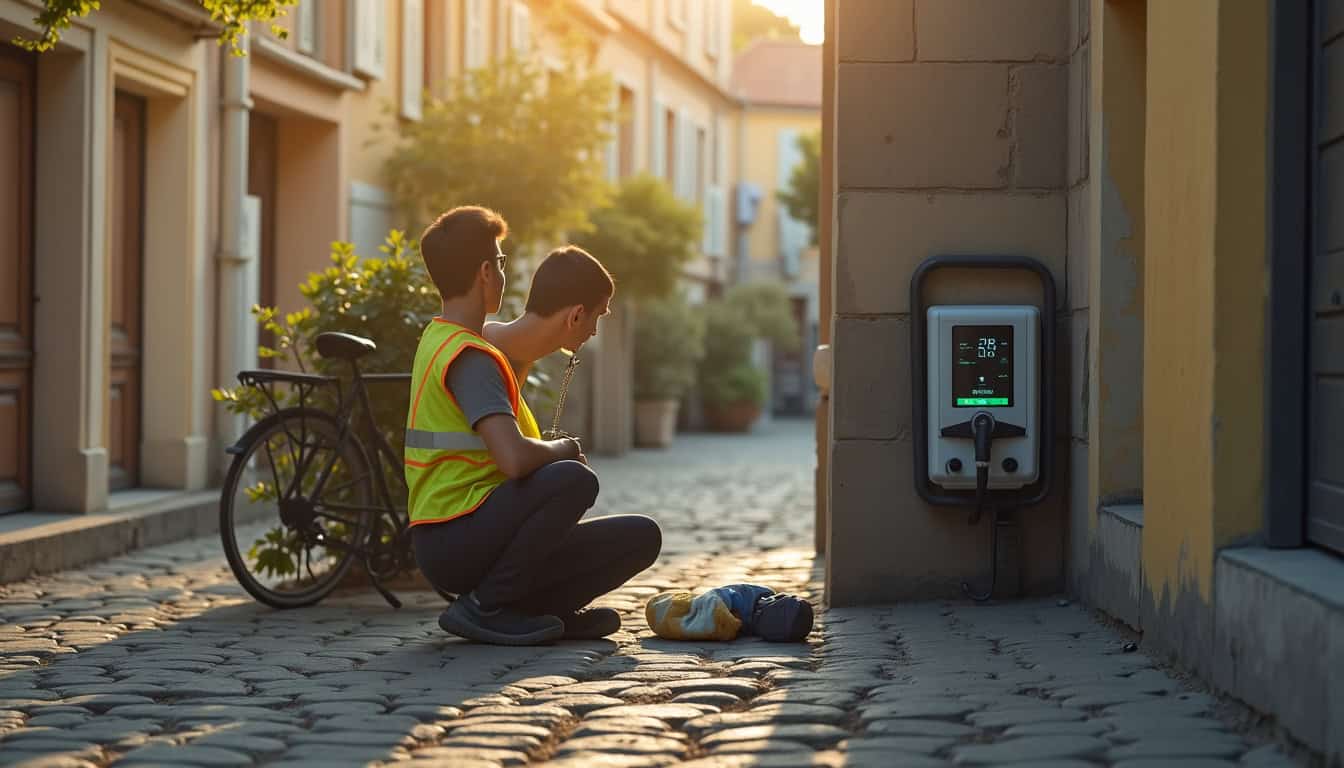 Technicien en train de vérifier une borne de recharge électrique en extérieur