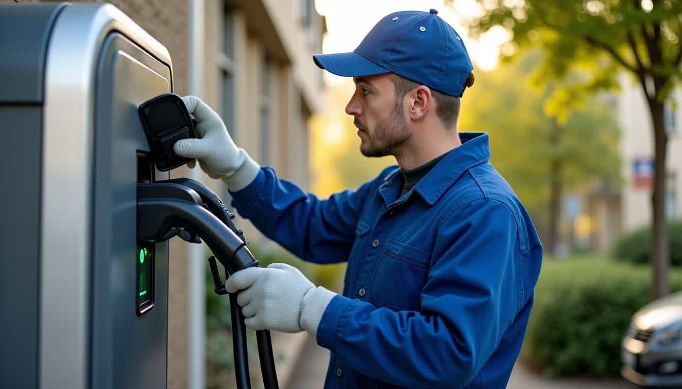 Technicien en train de vérifier une borne de recharge électrique lors d