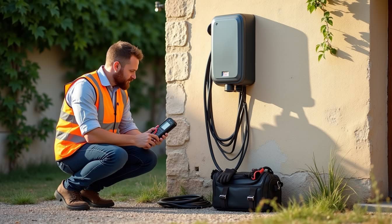 Technicien en train de vérifier une borne de recharge électrique lors d