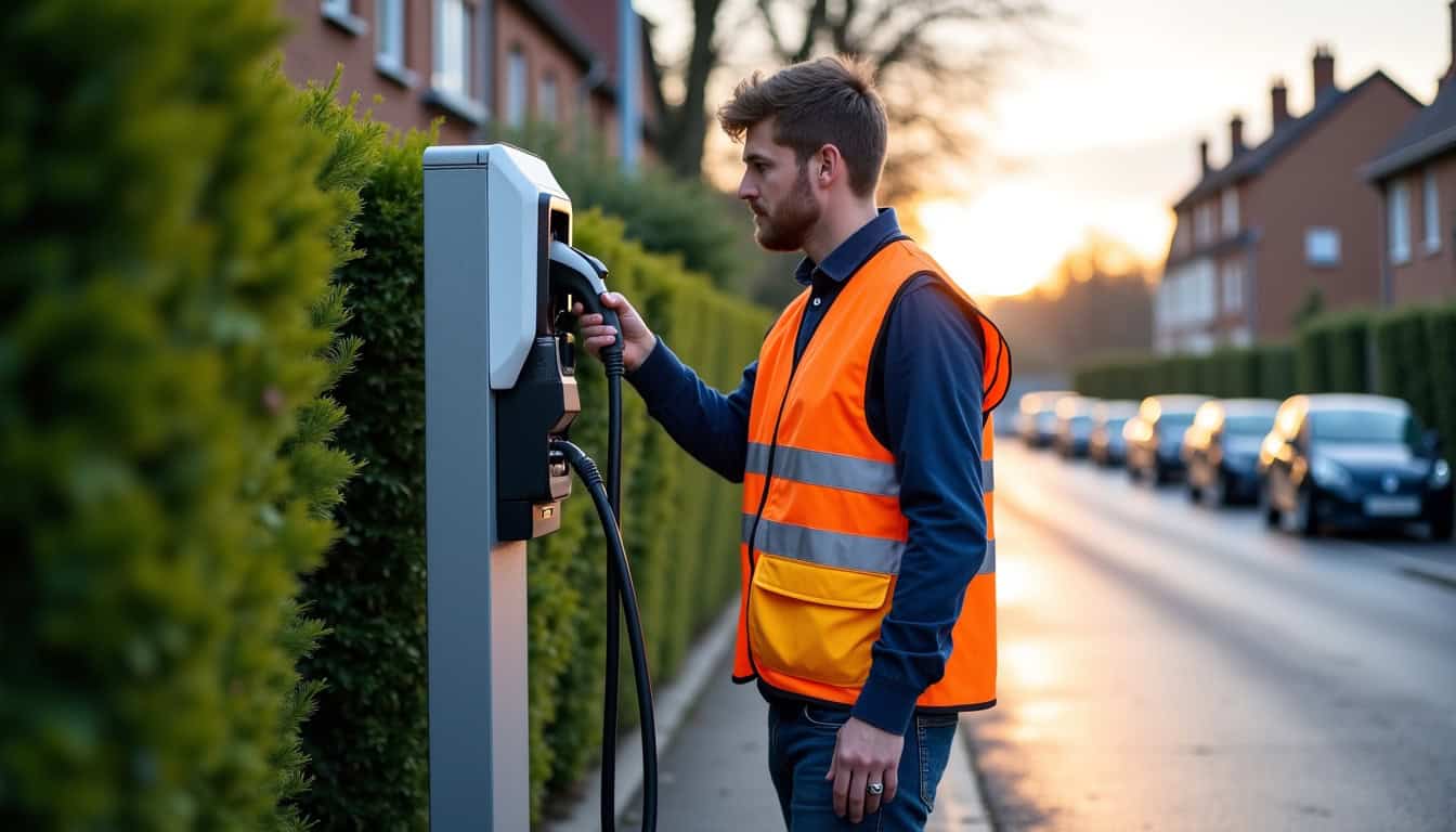 Technicien en train de vérifier une borne de recharge électrique lors d’un entretien à Eyjeaux
