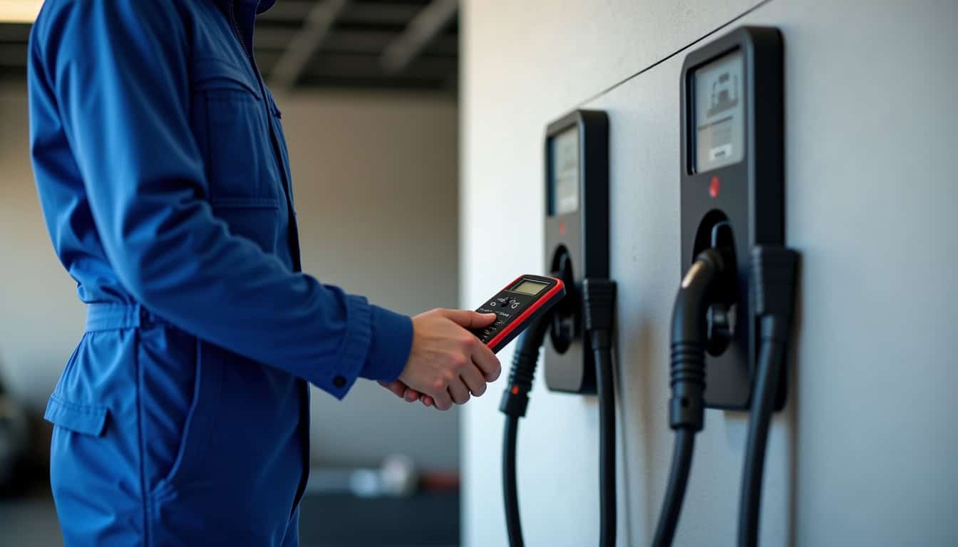 Technicien en train de vérifier une borne de recharge murale