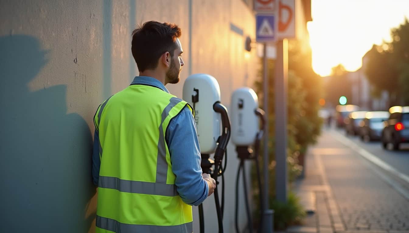 Technicien en train de vérifier une borne de recharge pour voiture électrique à Feurs