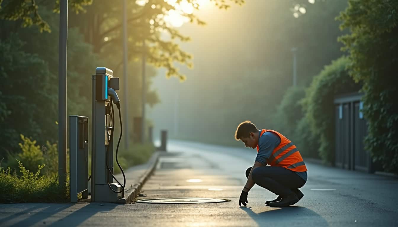 Technicien en train de vérifier une borne électrique à Peri