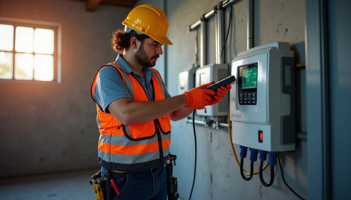 Technicien en train d’effectuer un diagnostic électrique avant l’installation d’une borne de recharge à Marpiré