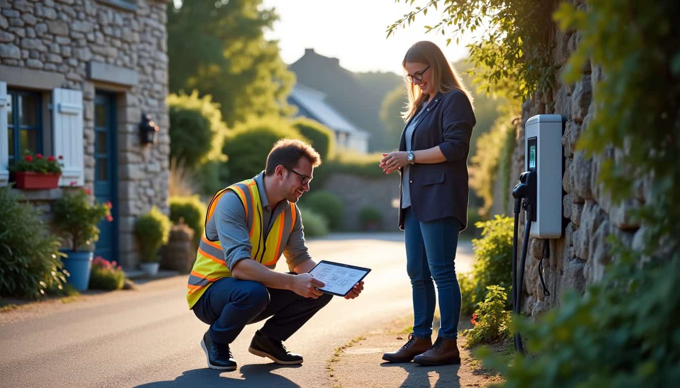 Technicien en train d’effectuer une visite technique pour l’installation d’une borne de recharge à Bréhand