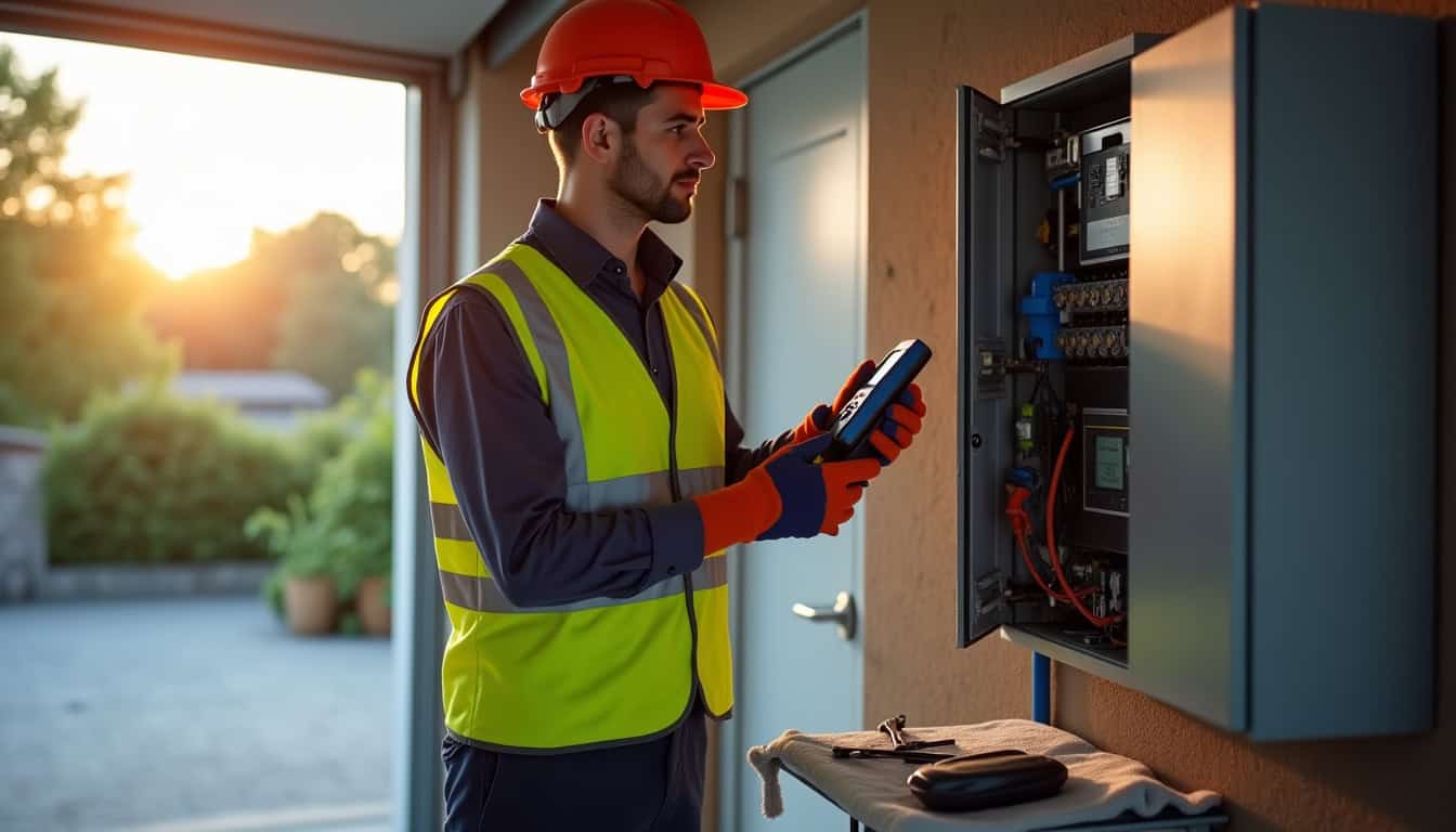 Technicien en train d’évaluer un tableau électrique pour l’installation d’une borne de recharge à Brazey-en-Plaine