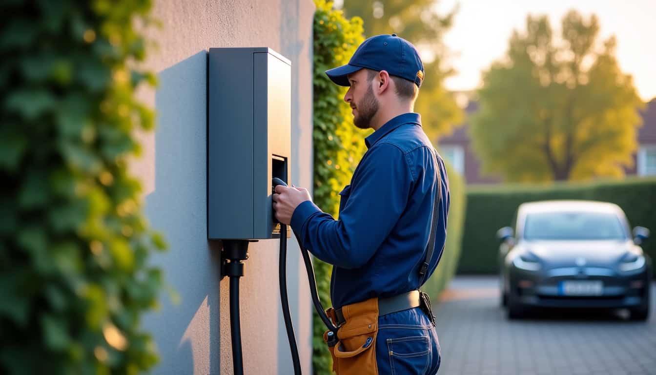 Technicien en train d’installer une borne de recharge à Baldenheim