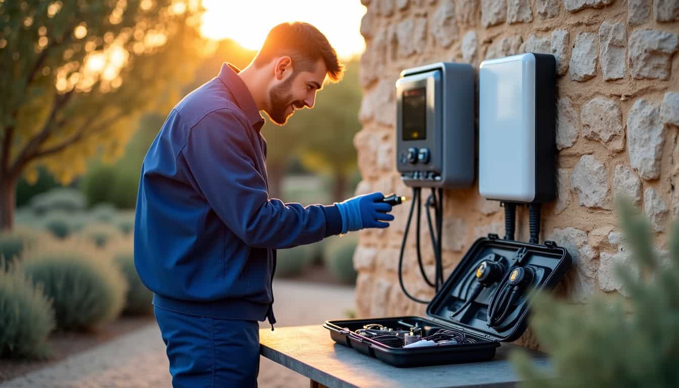 Technicien en train d’installer une borne de recharge à Cuers