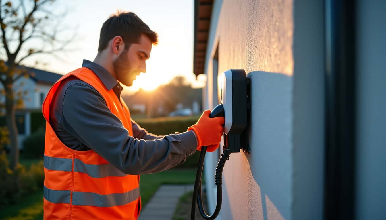 Technicien en train d’installer une borne de recharge à Elven